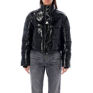 Chic Black Vinyl Crop Down Jacket